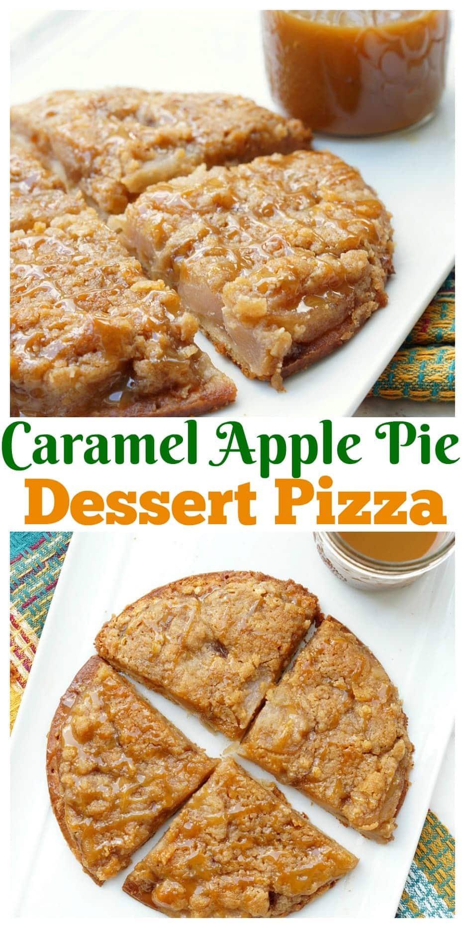 This Caramel Apple Pie Pizza is the ultimate fall dessert - Delicious dutch apple pie on top of pizza crust, all drizzled with sweet caramel topping!