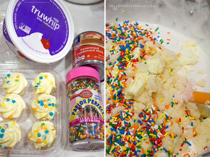 2 images showing ingredients for no churn birthday cake ice cream