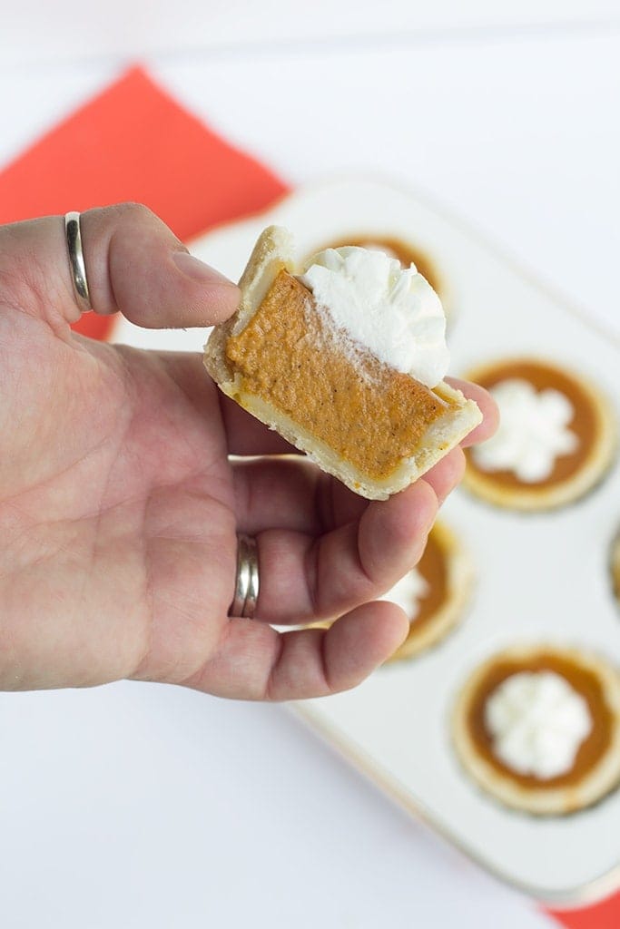 Mini maple pumpkin pies that are perfect for Fall! They have a hint of maple in every bite and a healthy dose of pumpkin spice! They are a perfect dessert!