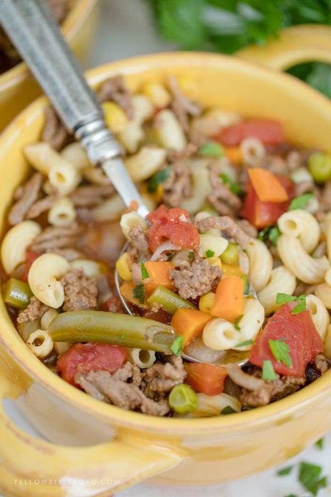 Easy Beef & Macaroni Soup is a rich and delicious classic goulash soup and pure comfort food.