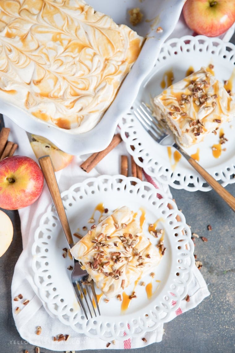 Caramel Apple Pie Poke Cake with a sweet cinnamon caramel cream cheese frosting.