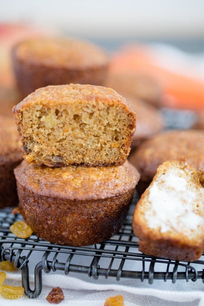 These Carrot Apple Raisin Muffins are incredibly moist and tender, delicious for breakfast or snacking and perfect for packing in kids' lunches.