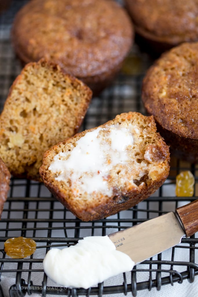 These Carrot Apple Raisin Muffins are incredibly moist and tender, delicious for breakfast or snacking and perfect for packing in kids' lunches.