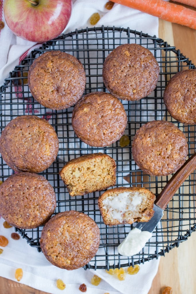 These Carrot Apple Raisin Muffins are incredibly moist and tender, delicious for breakfast or snacking and perfect for packing in kids' lunches.