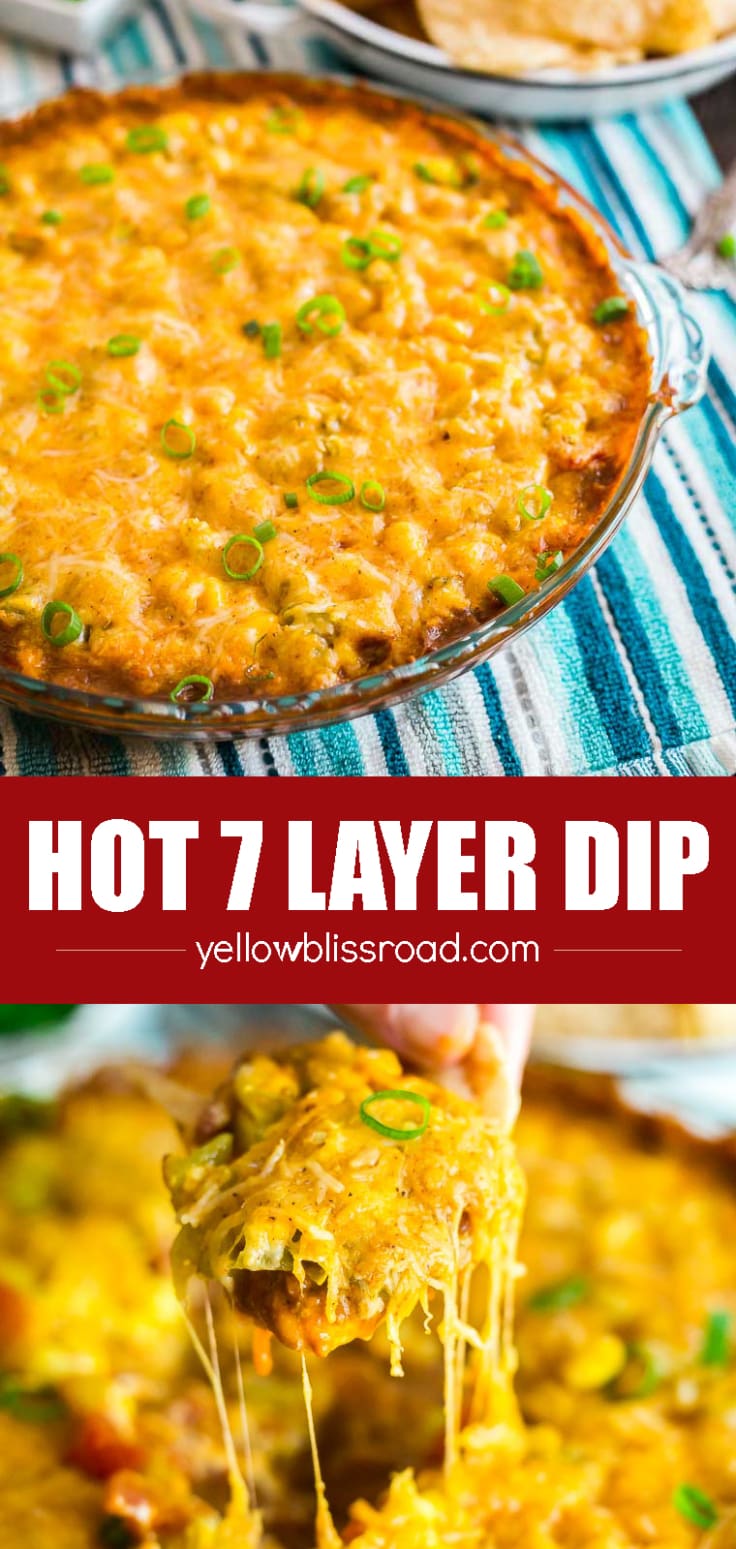 This Hot 7 Layer Dip is the ultimate game day or party recipe! It's super quick and easy to make and that melty cheese will keep everyone coming back for more!