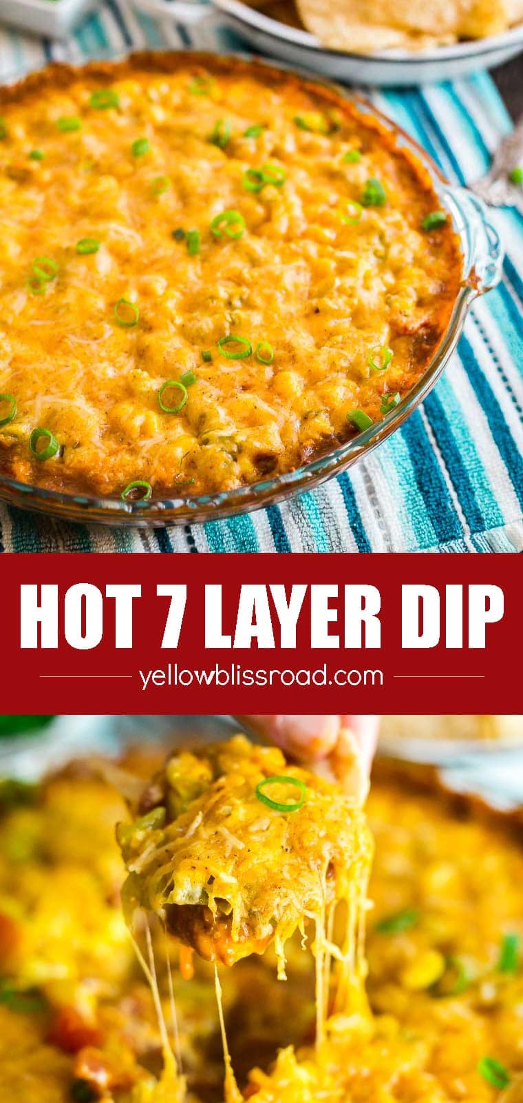 Creamy, Cheesy Hot 7 Layer Bean Dip - The perfect appetizer for game day tailgating and parties! 