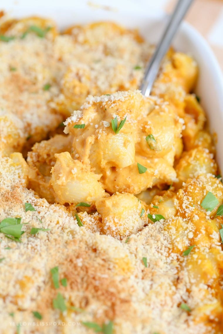 pumpkin mac and cheese, breadcrumb topping, parsley, silver spoon