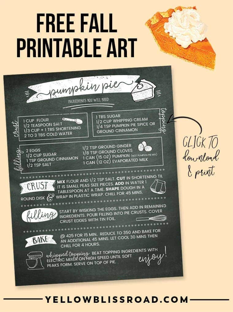 Pumpkin Pie Recipe Free Printable Chalkboard - Dress your kitchen up for the fall holidays. Perfect for Thanksgiving or fall decorating!