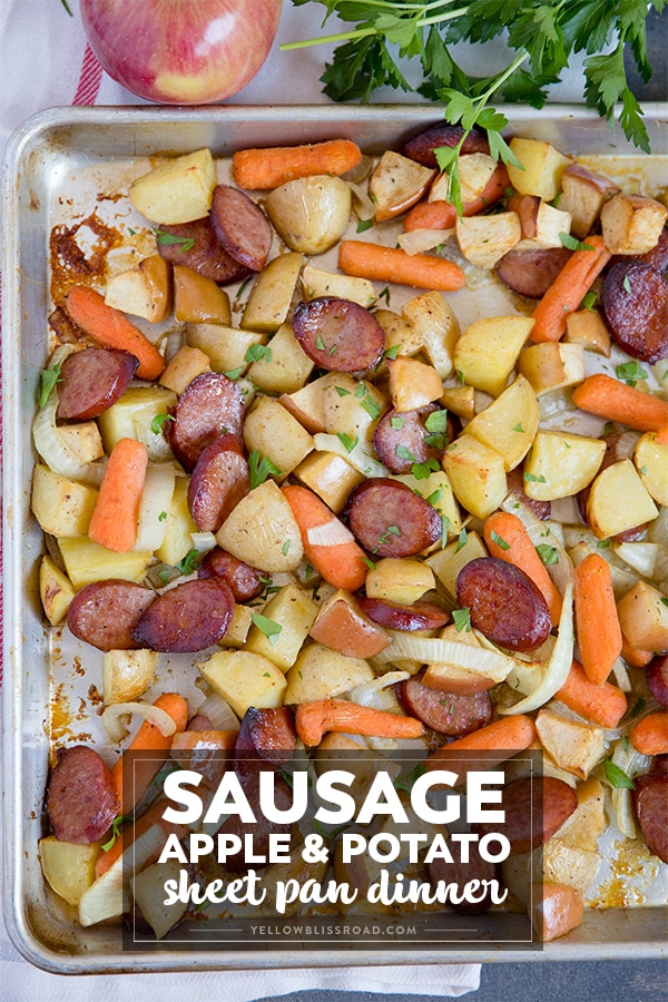 Easy Sheet Pan Dinner with Smoked Sausage, Apples and Potatoes with Maple Mustard Sauce - a delicious fall meal!