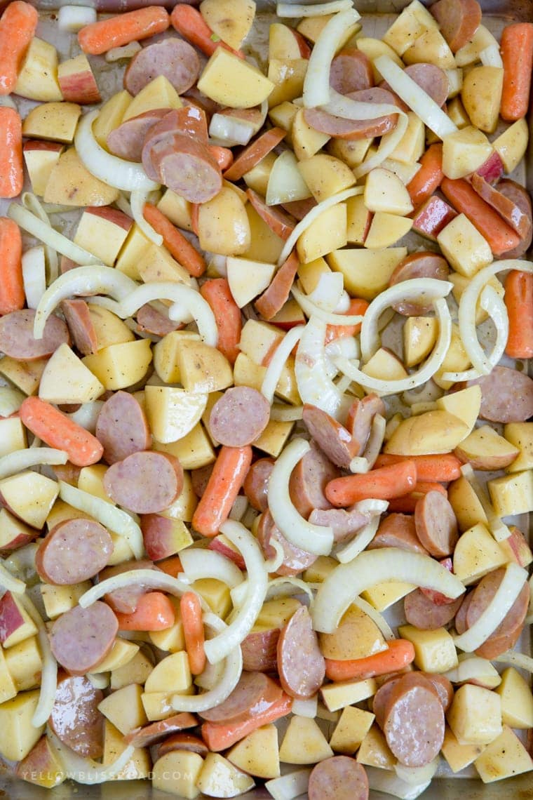 Easy sheet pan dinner with smoked sausage and apples