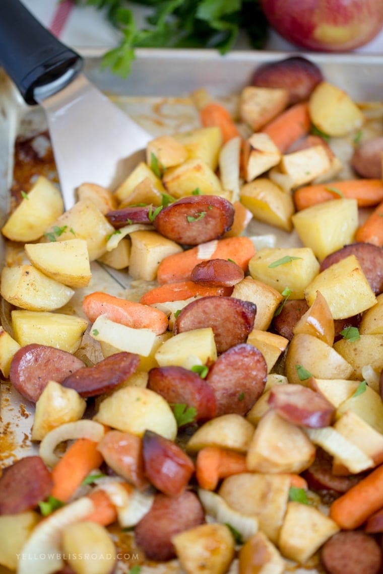 Smoked Sausage, Apples, Potatoes and Carrots Sheet Pan Dinner