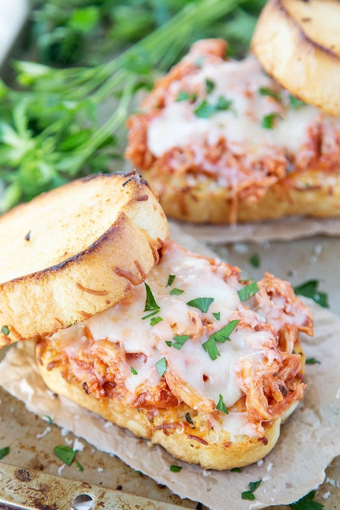 A close up of a Shredded Chicken Parmesan Sandwich