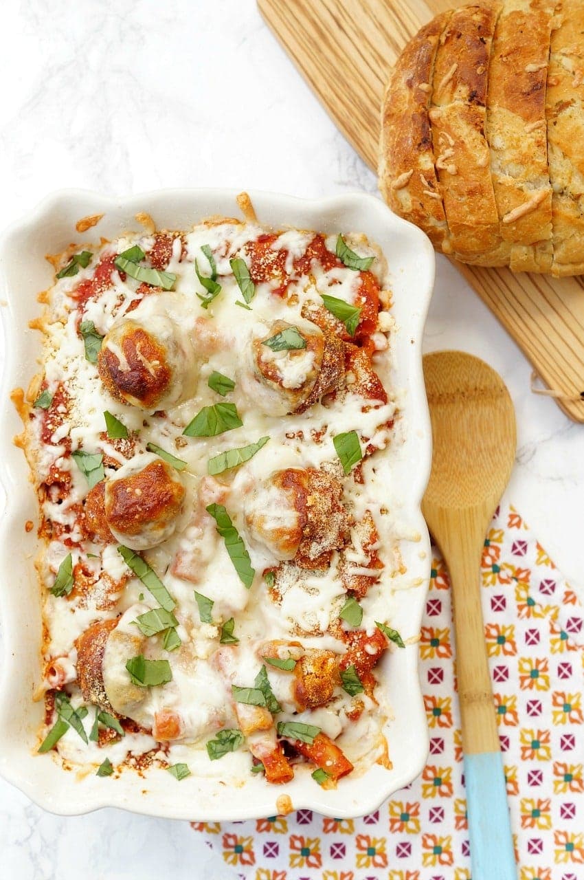 This Cheesy Chicken Parmesan Meatball Casserole is so delicious and is perfectly comforting for those chilly fall nights! 