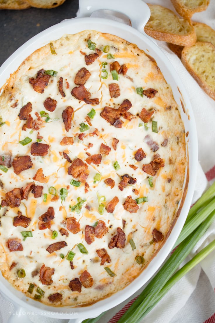 Ooey Gooey Cheesy Hot Bacon Dip served with Crostini