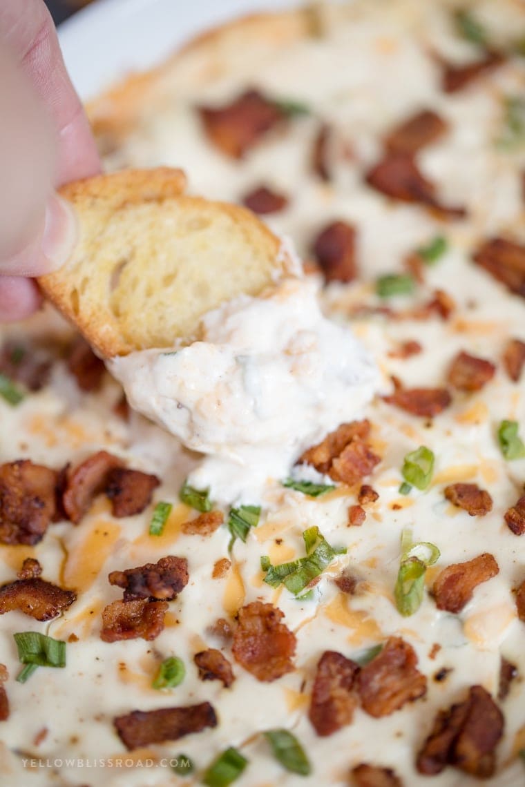 Creamy Cheesy Hot Bacon Dip party appetizer with crostini