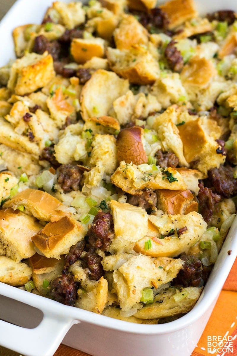 stuffing in a white casserole dish