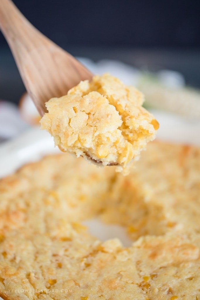 My  Creamy Cornbread Casserole is a tender and delicious corn spoonbread that makes a great side dish for Thanksgiving or even your favorite bowl of chili!