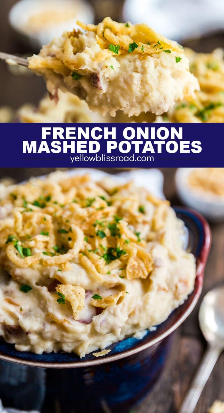 French Onion Mashed Potatoes add a savory spin to a classic holiday side dish! Your family will be fighting for seconds!