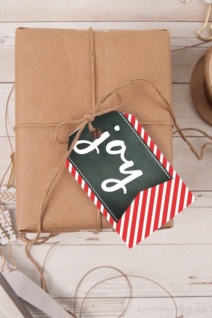 Free printable Christmas gift tags - JOY chalkboard with red and white striped background