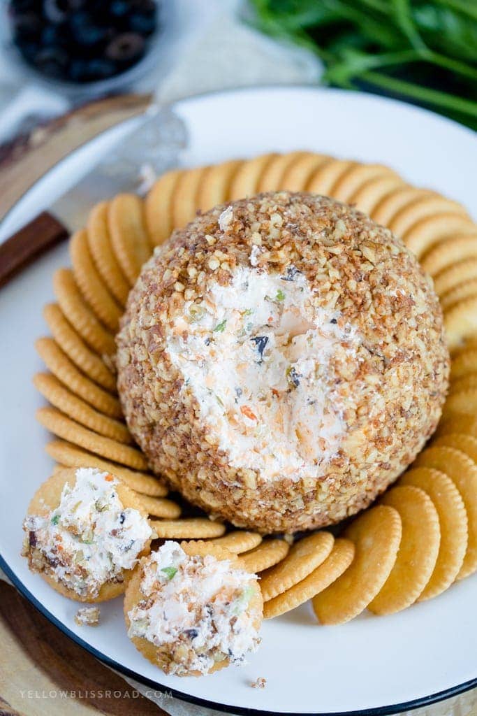 Cheese Ball with lots of olives, cheese and toasted walnuts | holiday appetizer | party food