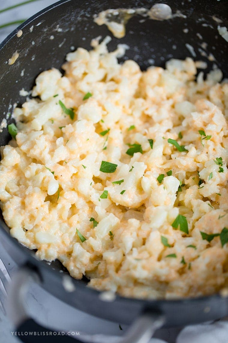 Cauliflower Mac and Cheese close up in a skillet