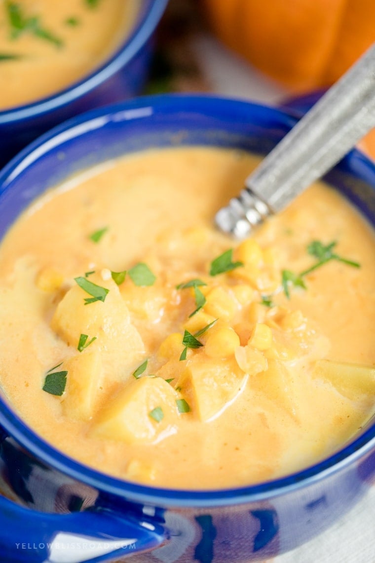 Pumpkin, Corn and Potato Chowder - Perfect fall comfort food