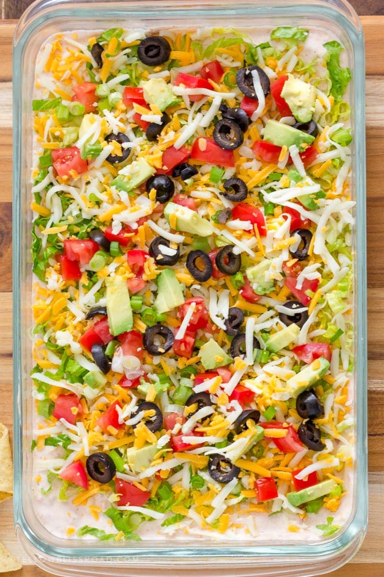 Big Pan of Skinny Taco Dip | Game Day Appetizer | Party Food | Lightened Up 7 Layer Dip