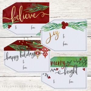 A close up of Christmas gift tags
