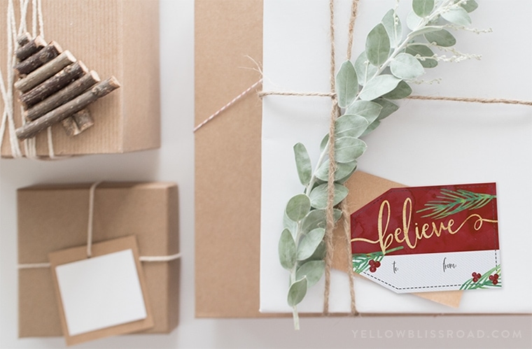 A stack of gifts with printable tags