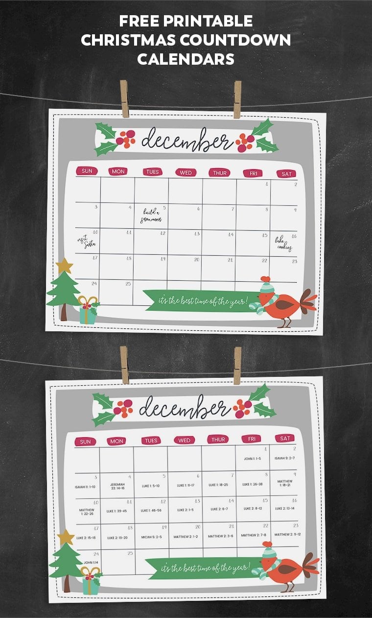 Christmas Countdown Calendar - a great way to build up to the excitement of Christmas. Includes a blank calendar and a scripture filled Advent version.