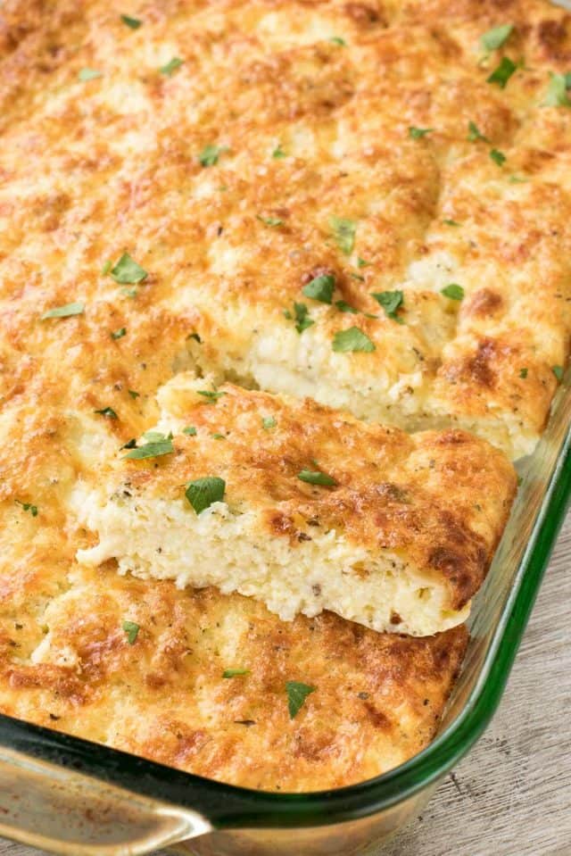A baking dish with Cheesy Egg Casserole