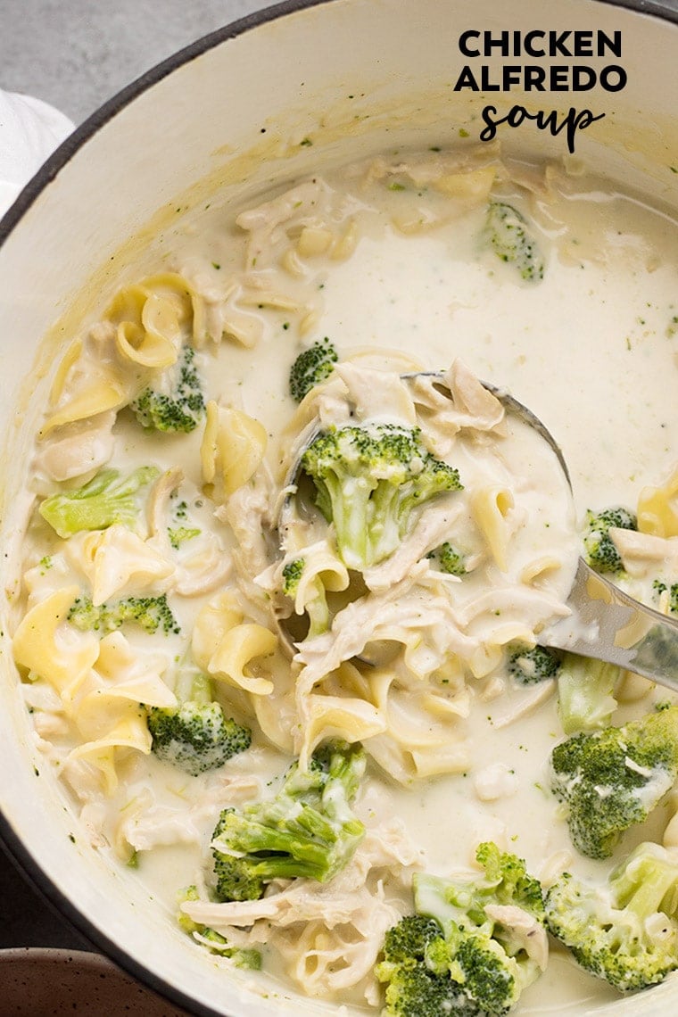 This Chicken Broccoli Alfredo Soup is so cheesy and comforting - perfect for cold nights. It's a decadent creamy soup that tastes just like chicken alfredo.