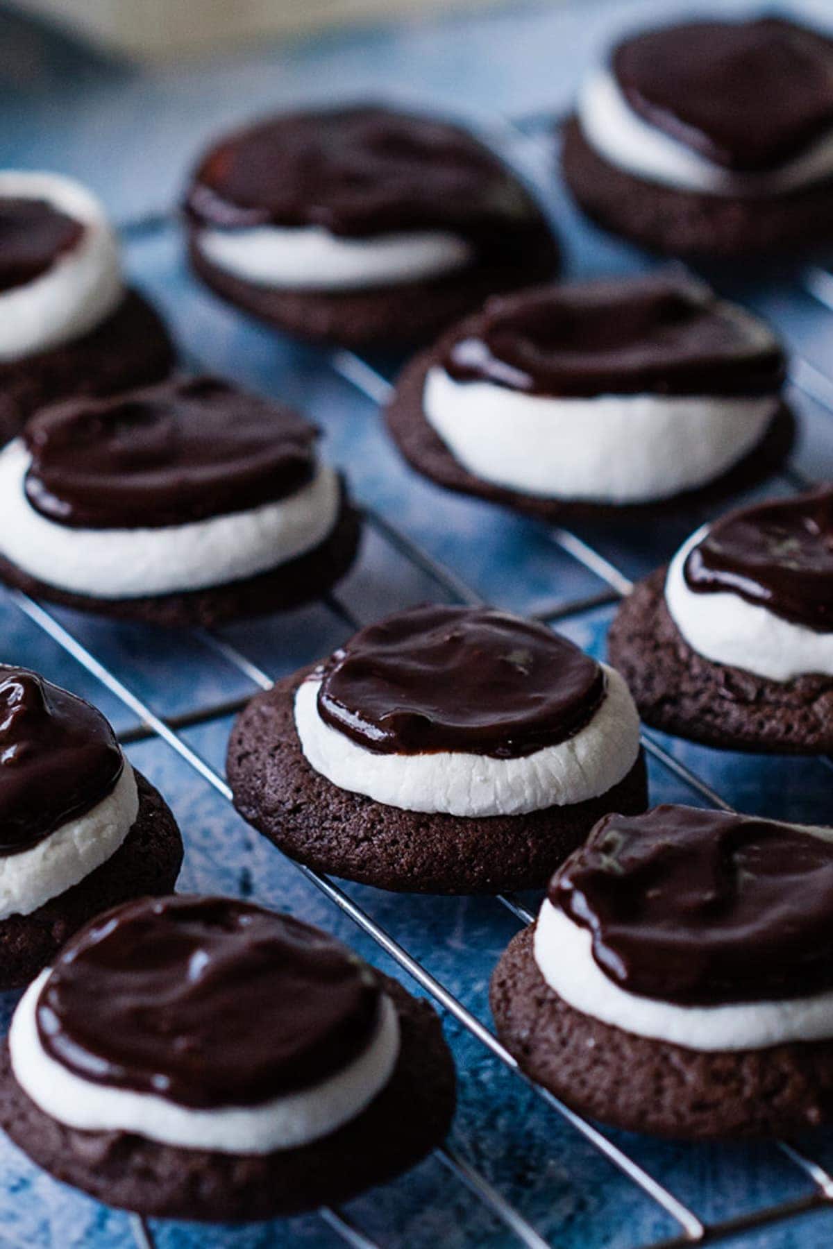 A close up of chocolate marshmallow cookies