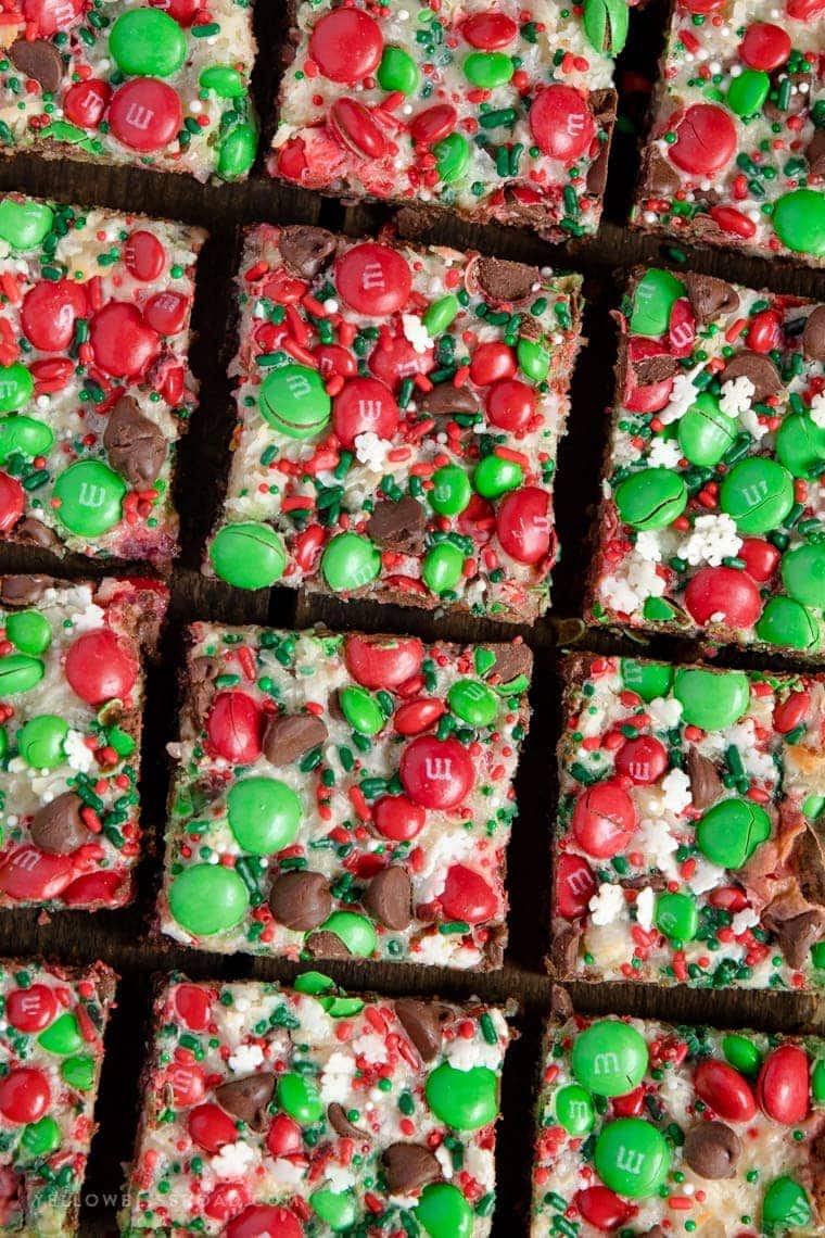 Christmas Magic Layer Brownie Bars: chocolate, coconut, sweetened condensed milk and M&Ms #christmas #chocolate