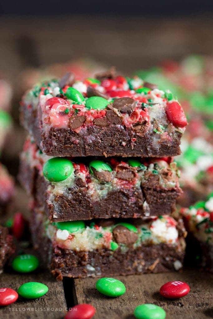 Christmas Magic Layer Brownie Bars with chocolate, coconut, sweetened condensed milk and M&Ms | cookie exchange | holiday dessert