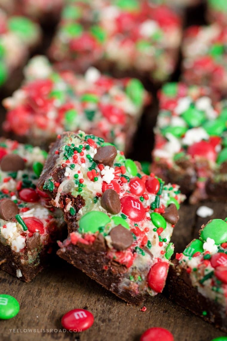 Christmas Magic Layer Brownie Bars: chocolate, coconut, sweetened condensed milk and M&Ms