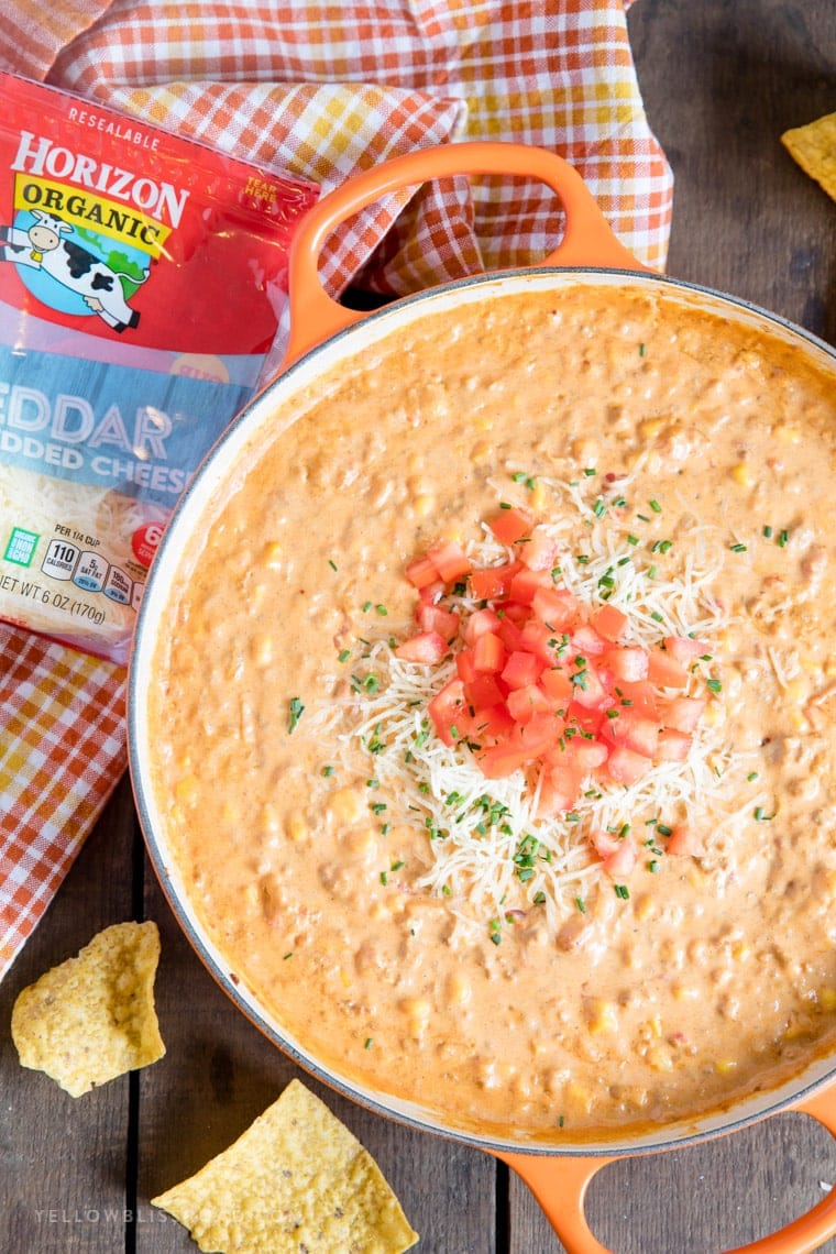 Creamy Chorizo Cheese Dip with Fresh Tomatoes and Horizon Organic Cheddar Shredded Cheese