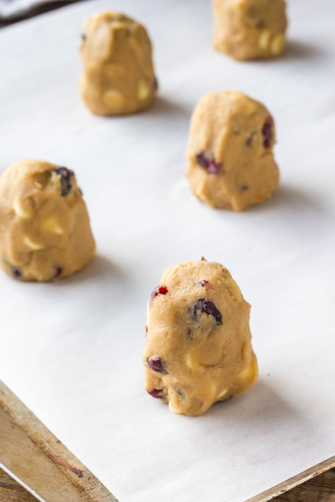 The tower method of cookie baking for orange cranberry white chocolate cookies