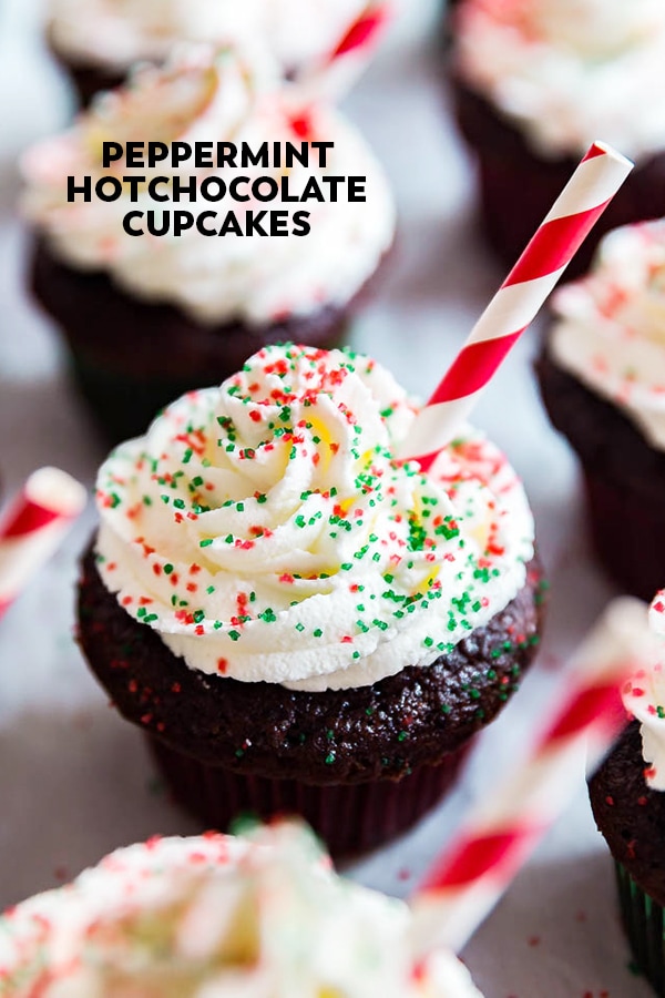Peppermint Hot Chocolate Cupcakes made extra moist and tasty with a simple cake mix hack. Christmas dessert.
