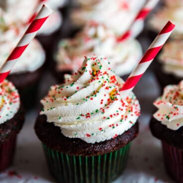 Peppermint Hot Chocolate Cupcakes lined up.
