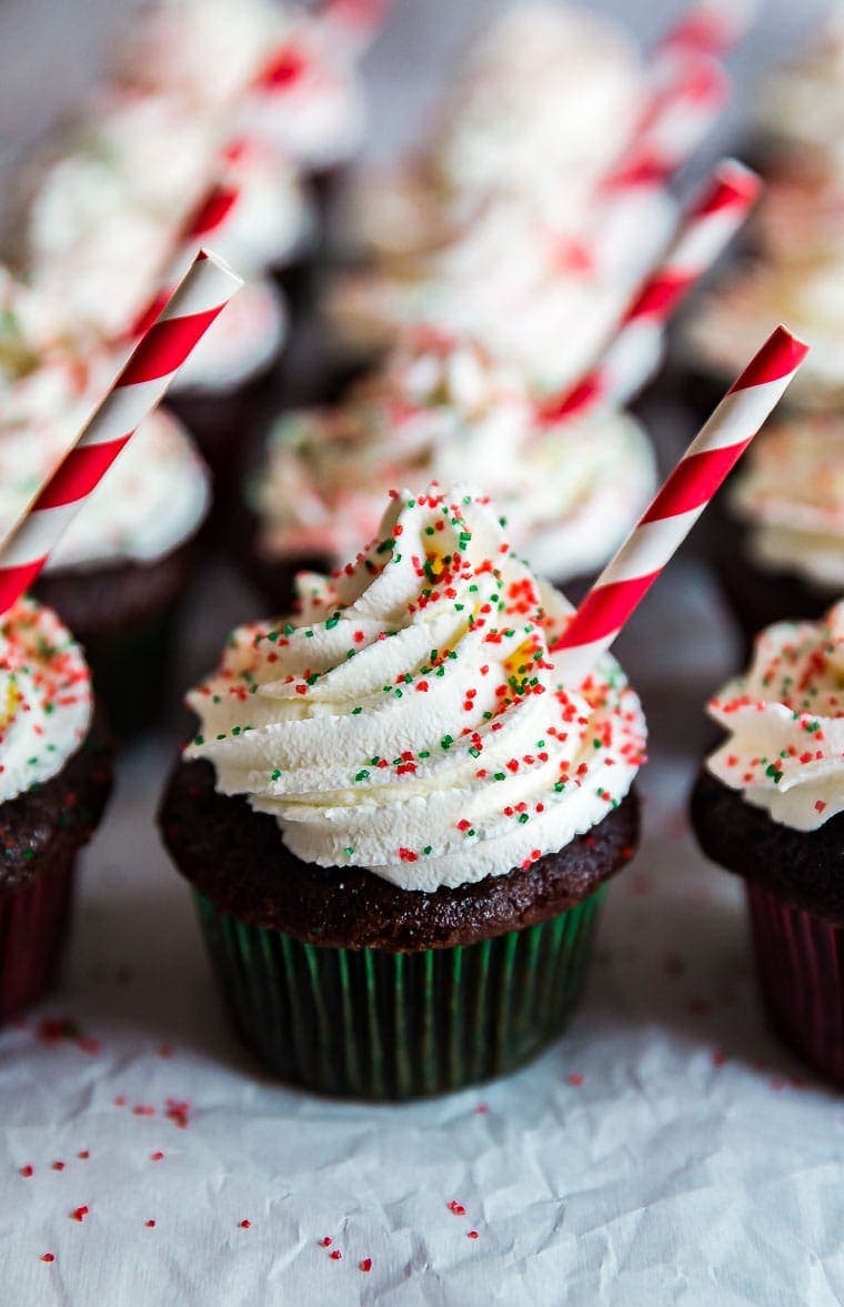 Peppermint Hot Chocolate Cupcakes lined up.