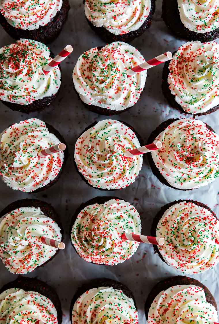 An overhead image of rows of Peppermint Hot Chocolate Cupcakes.