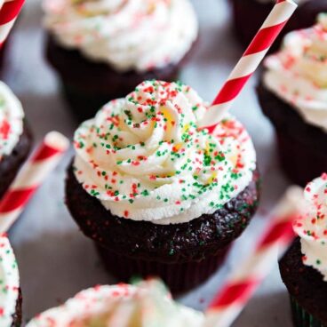 Rows of Peppermint Hot Chocolate Cupcakes with the middle one in focus.