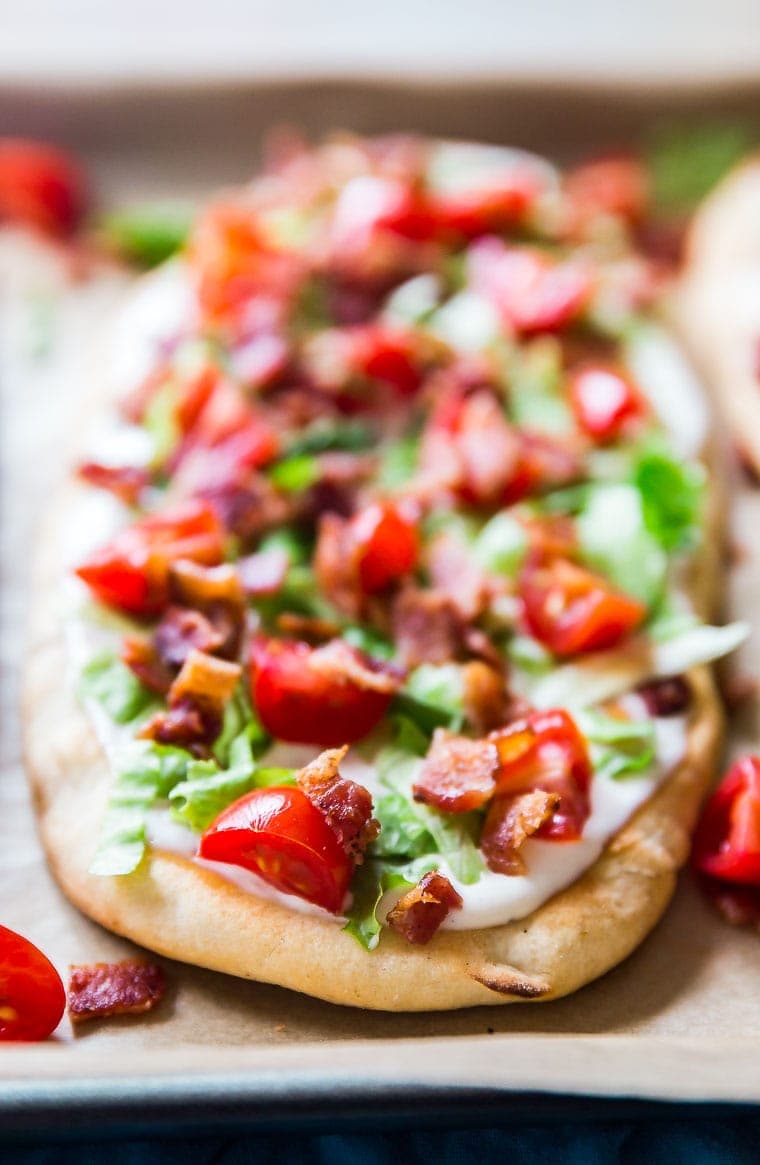 BLT Ranch Flatbread up close on a pan.