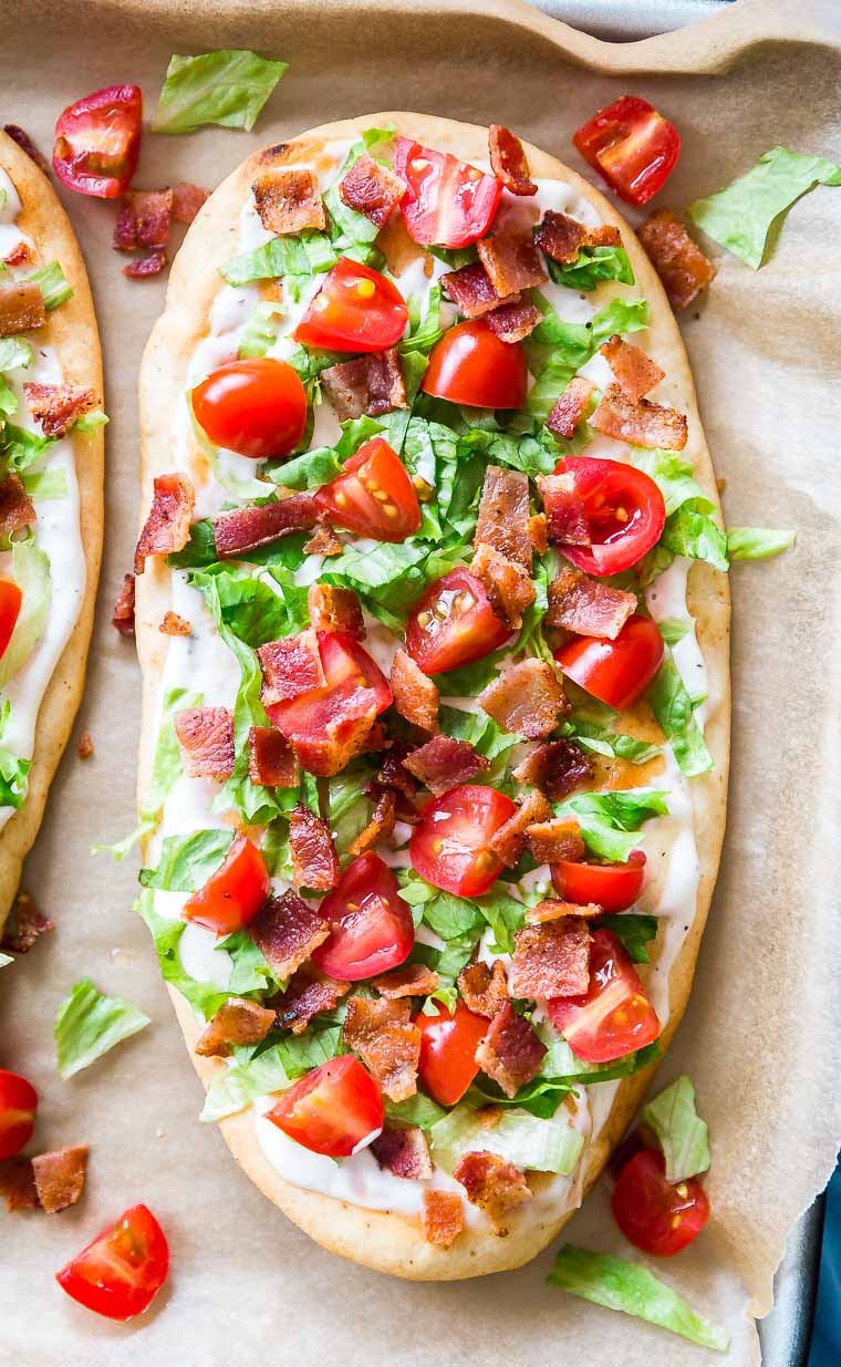 BLT Ranch Flatbread from overhead on a pan.