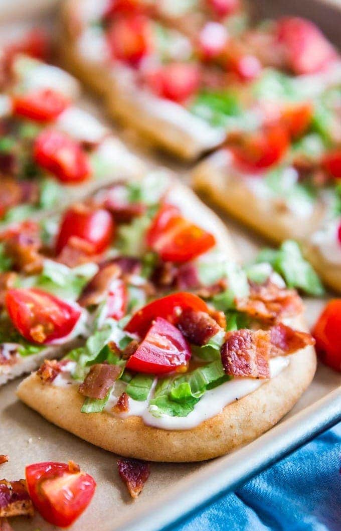 A close up shot of a slice of BLT Ranch Flatbread 