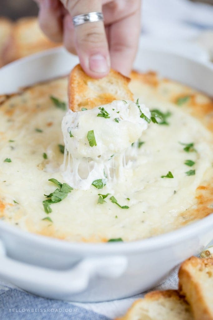 Ultra Cheesy Creamy Garlic Bread Cheese Dip with Crostini