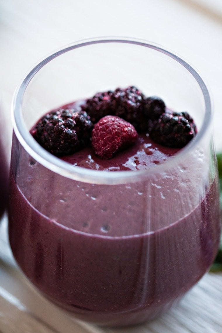 Super Food Berry Smoothie with blueberries, raspberries, blackberries, and tons of health benefits!