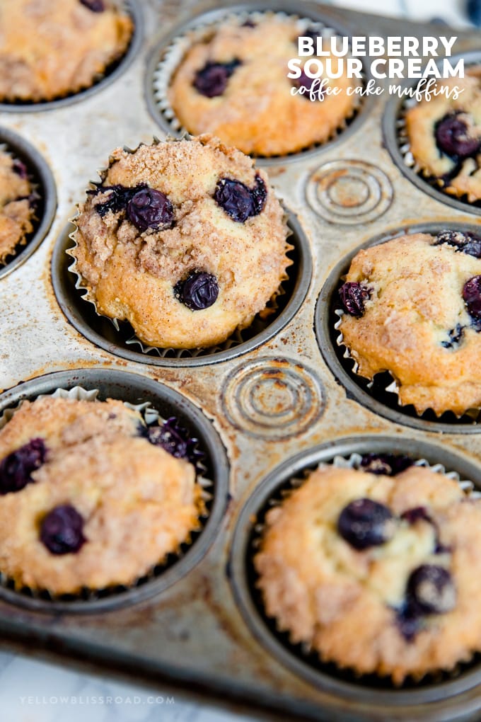 Blueberry Sour Cream Coffee Cake Muffins in a rusty muffin pan with title text