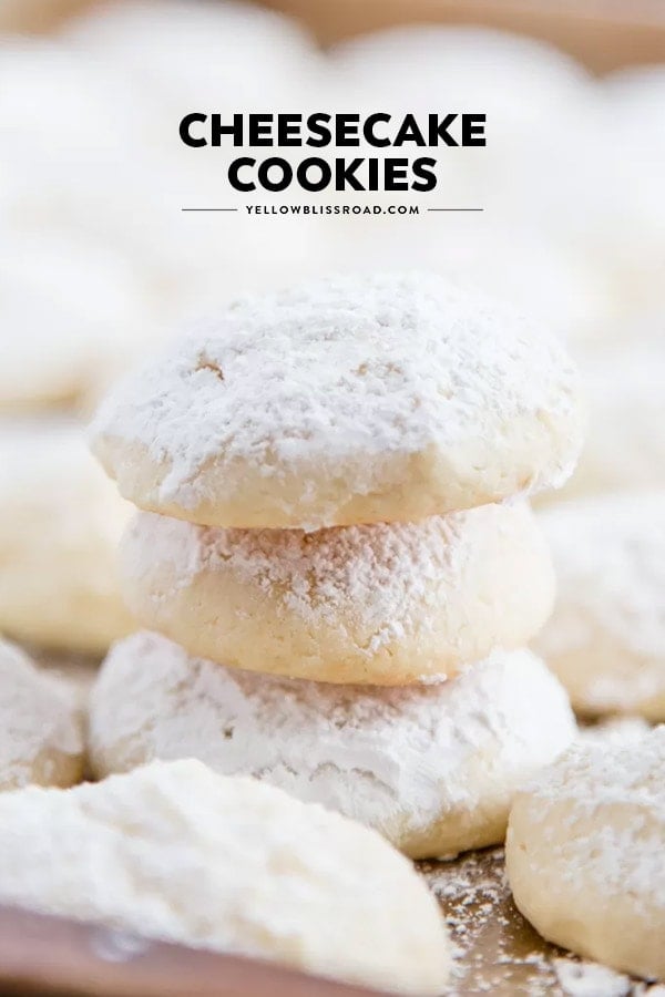 Cheesecake Cookies - A creamy, tender and delicious cookie that's a not too sweet but totally addictive dessert! Cheesecake Cookies pinnable image (stacked cookies)